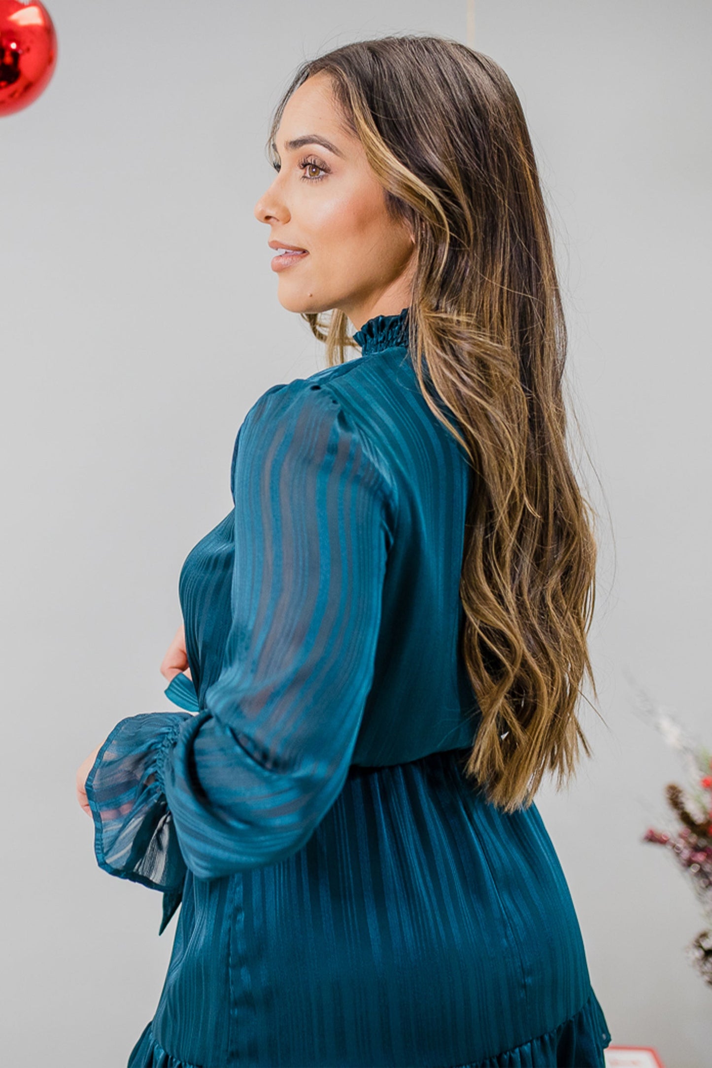Romantica Long Puff Sleeve Flowy Pleated Midi Dress