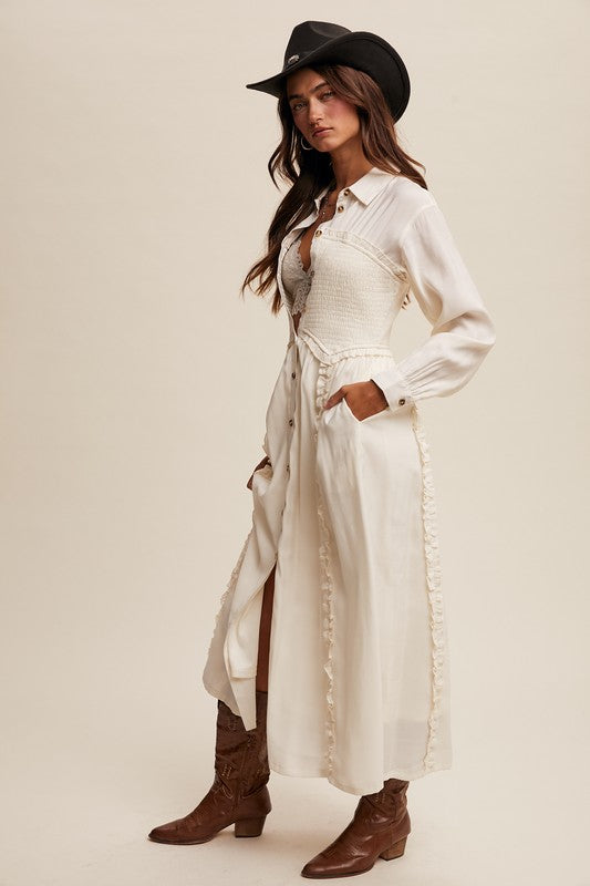 The Smocked Bodice Button Down Ruffle Maxi Shirt Dress-The Aly