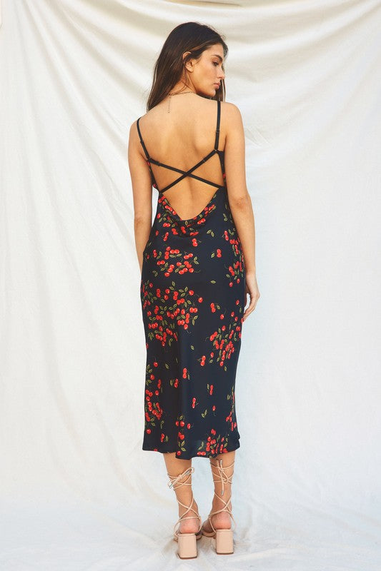 Sweet Cherry Cowl Neck Silky Slip Cocktail Holiday Dress