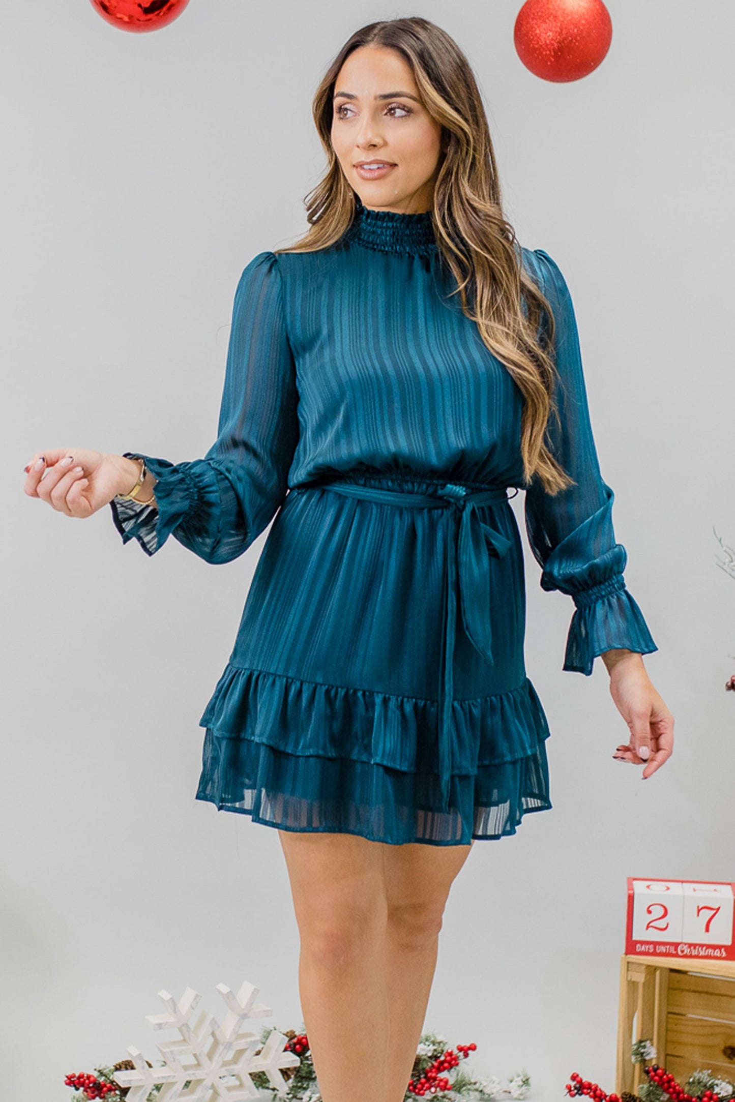 Romantica Long Puff Sleeve Flowy Pleated Midi Dress