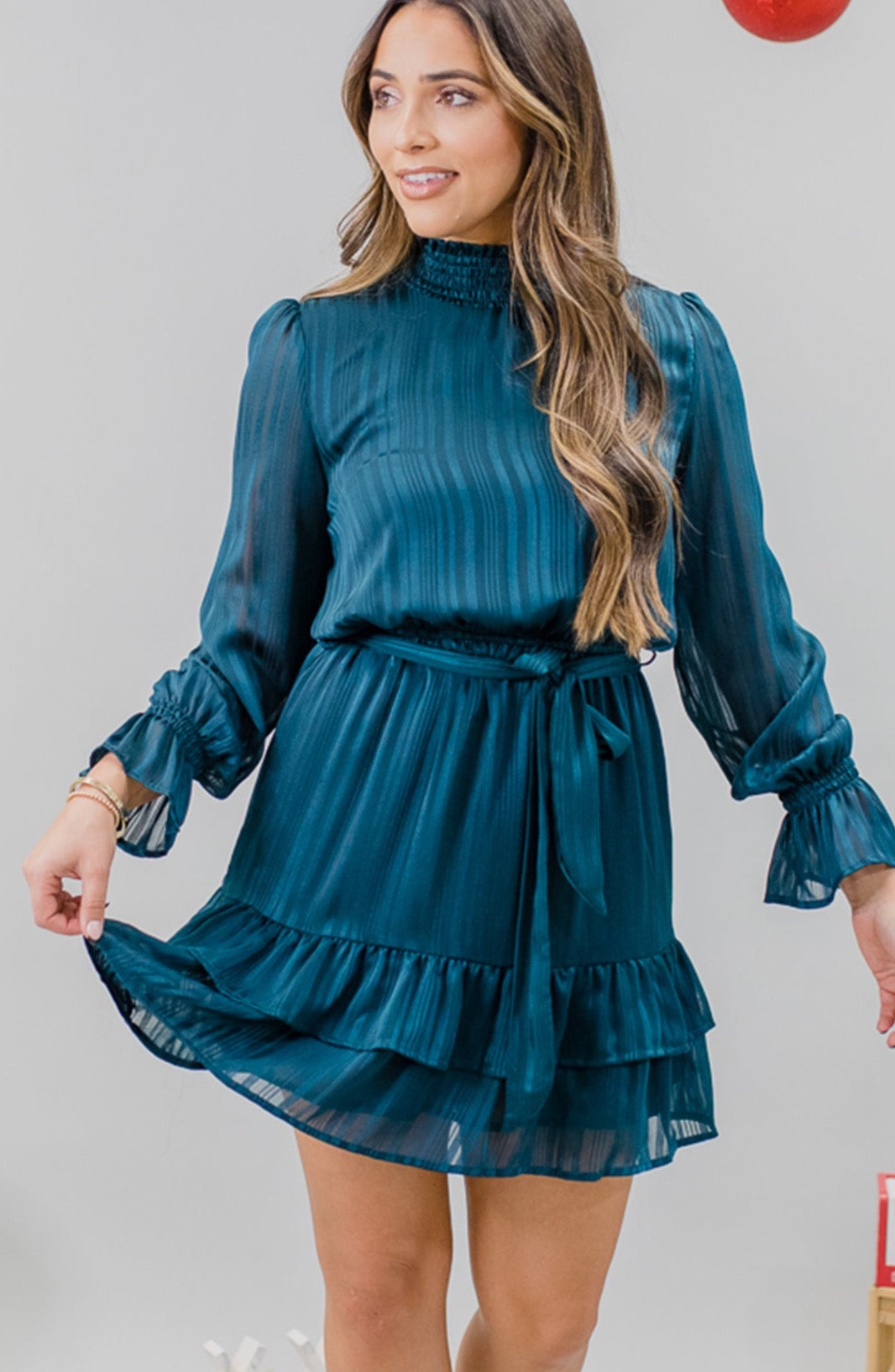 Romantica Long Puff Sleeve Flowy Pleated Midi Dress