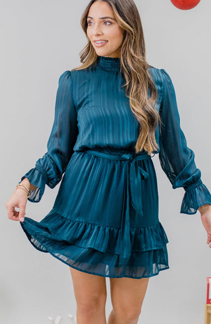 Romantica Long Puff Sleeve Flowy Pleated Midi Dress