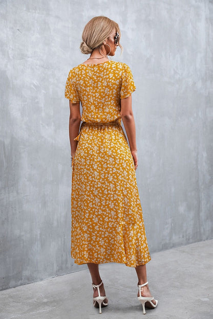 Boho Floral Print Short Sleeve Wrap V Neck Ruffle Hem A Line Dres