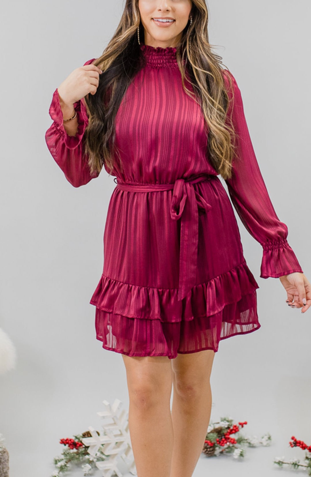 Romantica Long Puff Sleeve Flowy Pleated Midi Dress