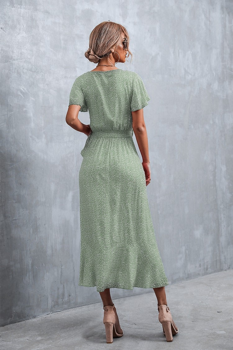 Boho Floral Print Short Sleeve Wrap V Neck Ruffle  Dress