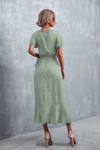 Boho Floral Print Short Sleeve Wrap V Neck Ruffle  Dress