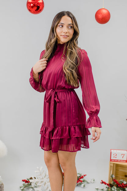 Romantica Long Puff Sleeve Flowy Pleated Midi Dress
