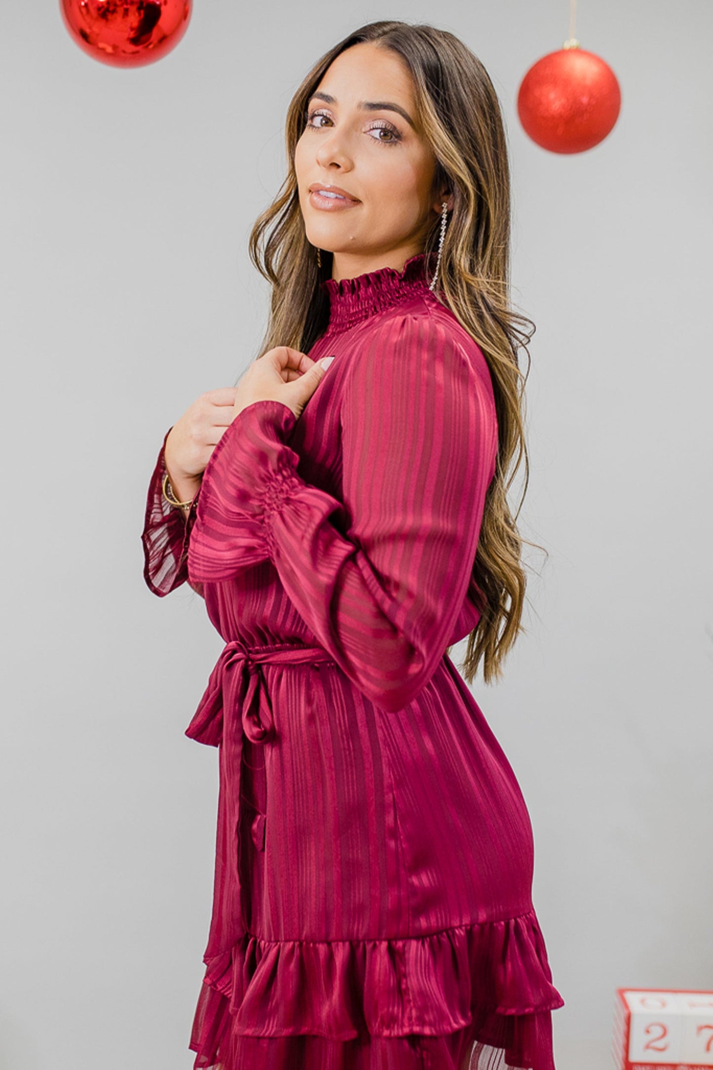Romantica Long Puff Sleeve Flowy Pleated Midi Dress