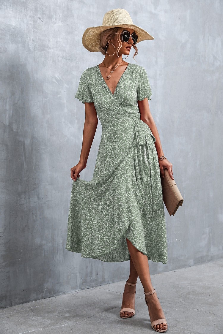 Boho Floral Print Short Sleeve Wrap V Neck Ruffle  Dress