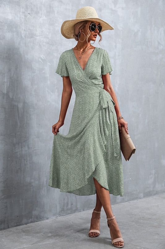 Boho Floral Print Short Sleeve Wrap V Neck Ruffle  Dress