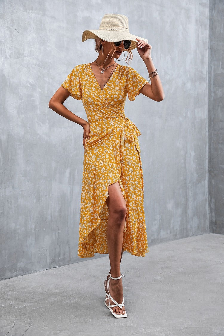 Boho Floral Print Short Sleeve Wrap V Neck Ruffle Hem A Line Dres