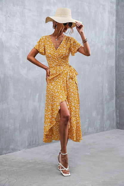 Boho Floral Print Short Sleeve Wrap V Neck Ruffle Hem A Line Dres