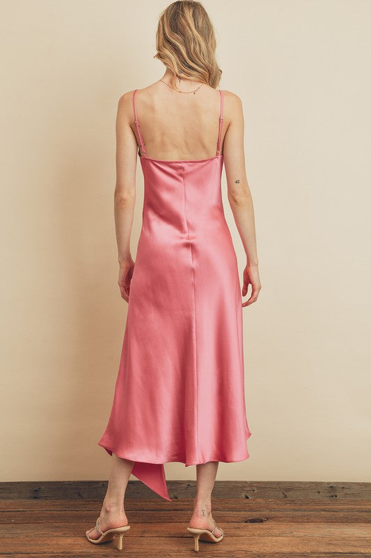 Satin Slip Cowl Neck Midi Dress in Blush