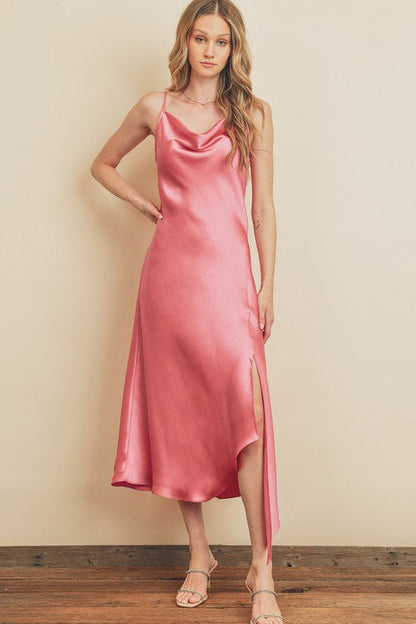 Satin Slip Cowl Neck Midi Dress in Blush