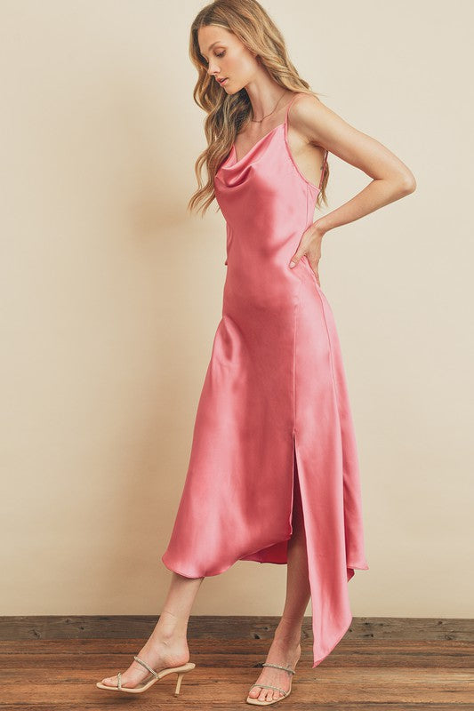 Satin Slip Cowl Neck Midi Dress in Blush
