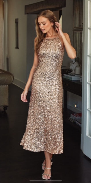Sequined Soft Tie Halter Neck Maxi Cocktail Party Dress