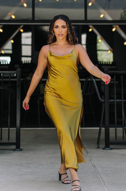 Satin Cowl Neck with Slit Mermaid Maxi Dress
