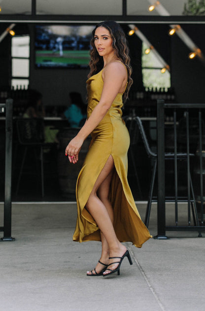 Satin Cowl Neck with Slit Mermaid Maxi Dress
