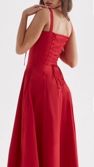 The Duchess: Boho Flowy Slit Lace Up Midi Dress