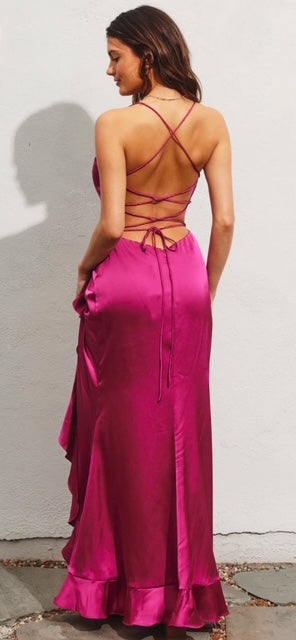 Sexy Satin Ruched High Split Open Back Maxi Dress