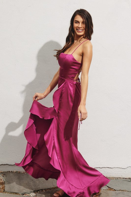 Sexy Satin Ruched High Split Open Back Maxi Dress
