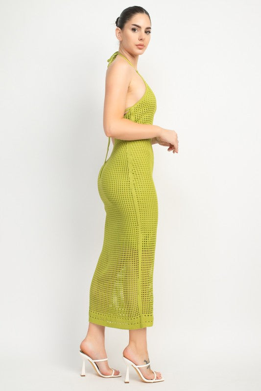 Crochet Knitted Halter Backless Bodycon Maxi Dress