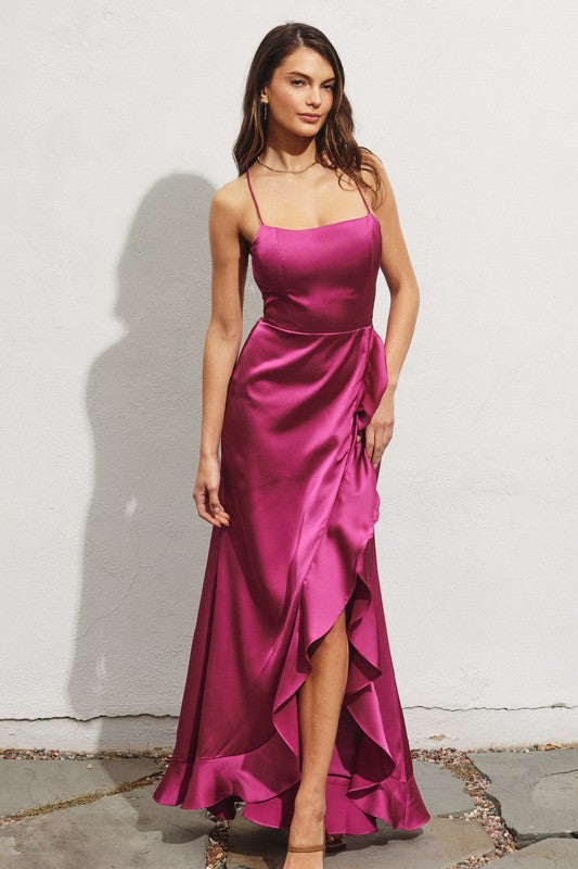 Sexy Satin Ruched High Split Open Back Maxi Dress