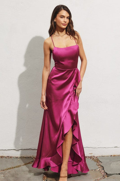 Sexy Satin Ruched High Split Open Back Maxi Dress