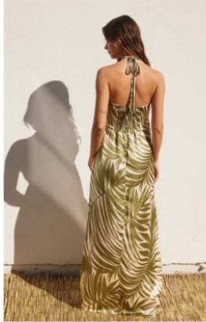 Halter Neck Spaghetti Strap Palm Leaf Maxi Dress