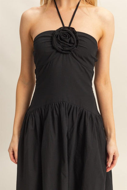 Poplin Rosette Halter Neck Midi Dress