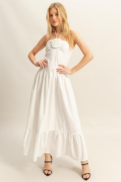 Poplin Rosette Halter Neck Midi Dress
