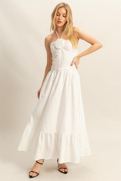 Poplin Rosette Halter Neck Midi Dress