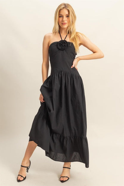 Poplin Rosette Halter Neck Midi Dress
