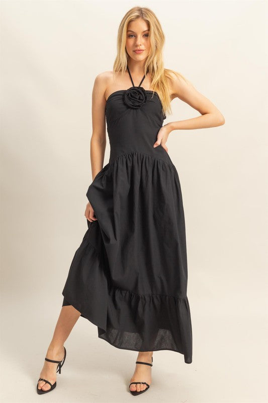 Poplin Rosette Halter Neck Midi Dress