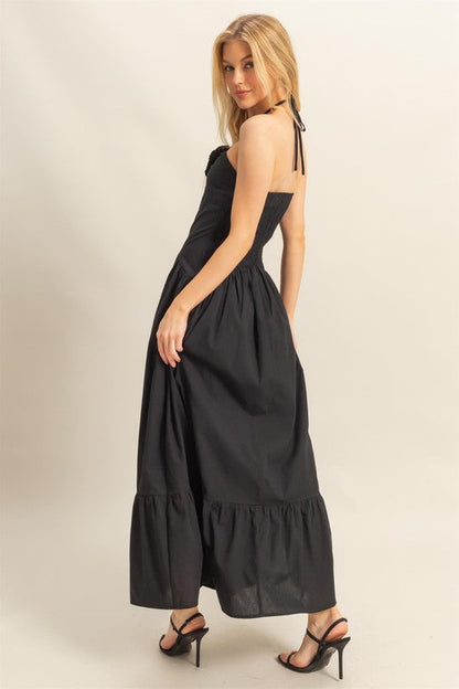 Poplin Rosette Halter Neck Midi Dress