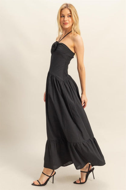 Poplin Rosette Halter Neck Midi Dress