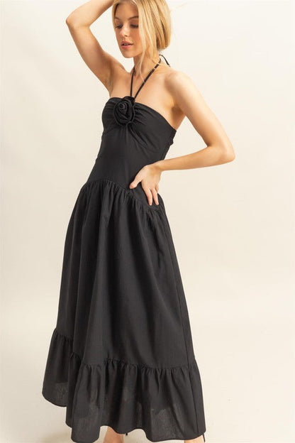 Poplin Rosette Halter Neck Midi Dress