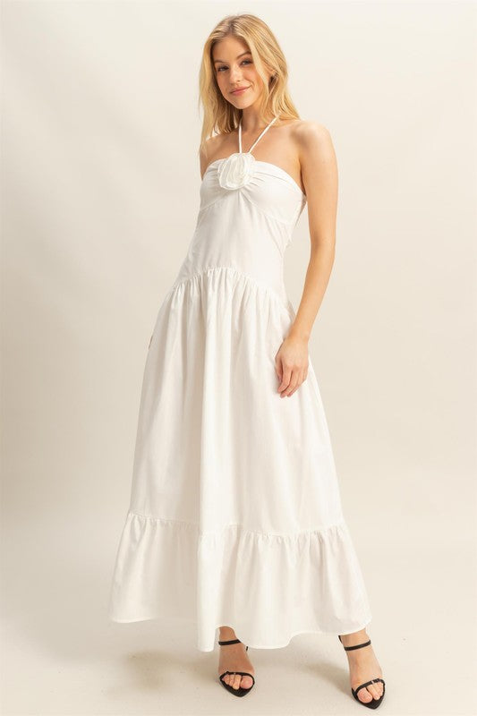 Poplin Rosette Halter Neck Midi Dress
