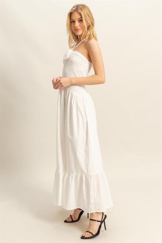 Poplin Rosette Halter Neck Midi Dress