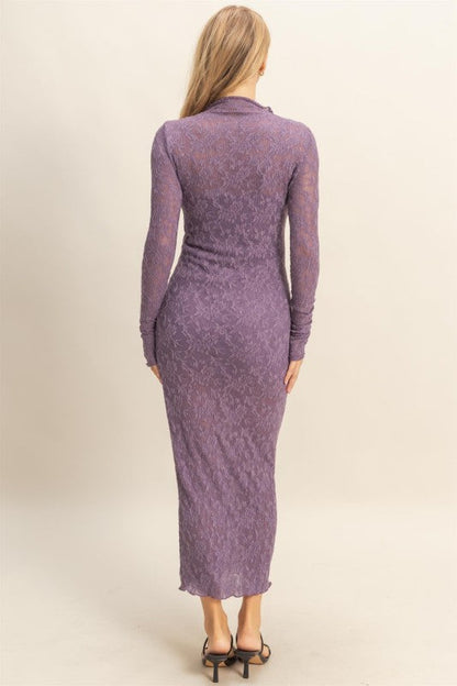 Sleek Long Sleeve Mock Neck Lace Maxi Dress