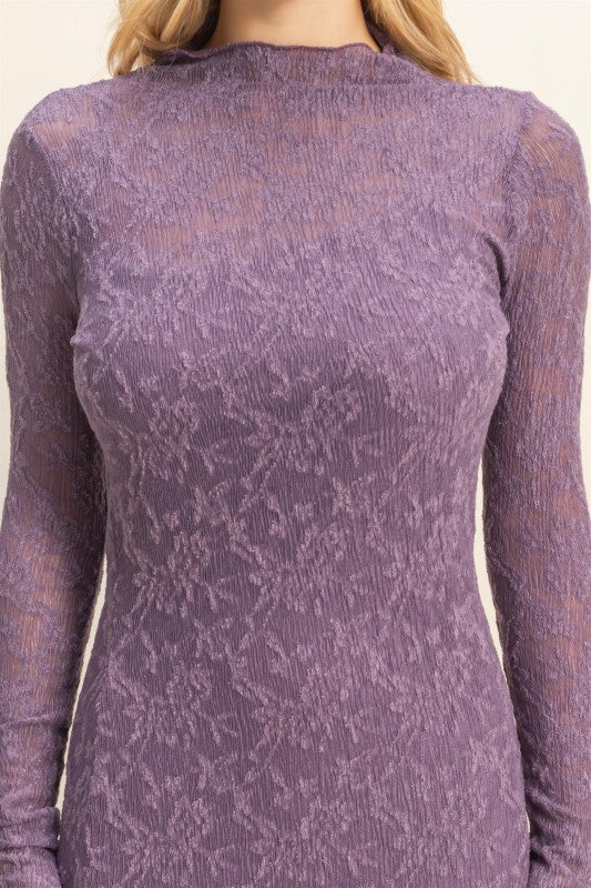 Sleek Long Sleeve Mock Neck Lace Maxi Dress