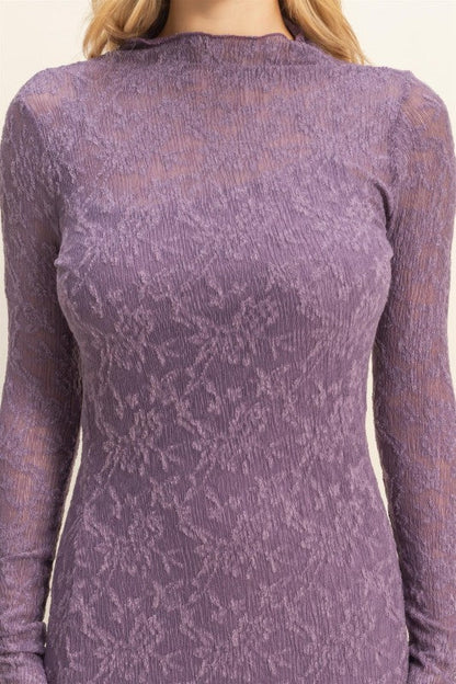 Sleek Long Sleeve Mock Neck Lace Maxi Dress