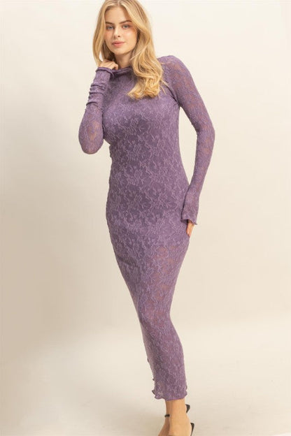 Sleek Long Sleeve Mock Neck Lace Maxi Dress