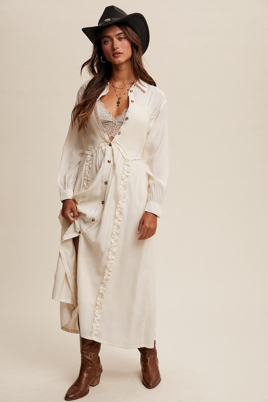 The Smocked Bodice Button Down Ruffle Maxi Shirt Dress-The Aly