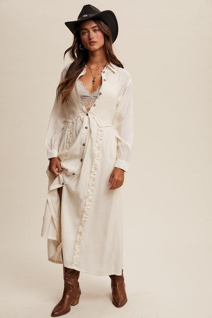 The Smocked Bodice Button Down Ruffle Maxi Shirt Dress-The Aly