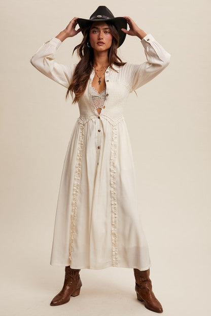 The Smocked Bodice Button Down Ruffle Maxi Shirt Dress-The Aly