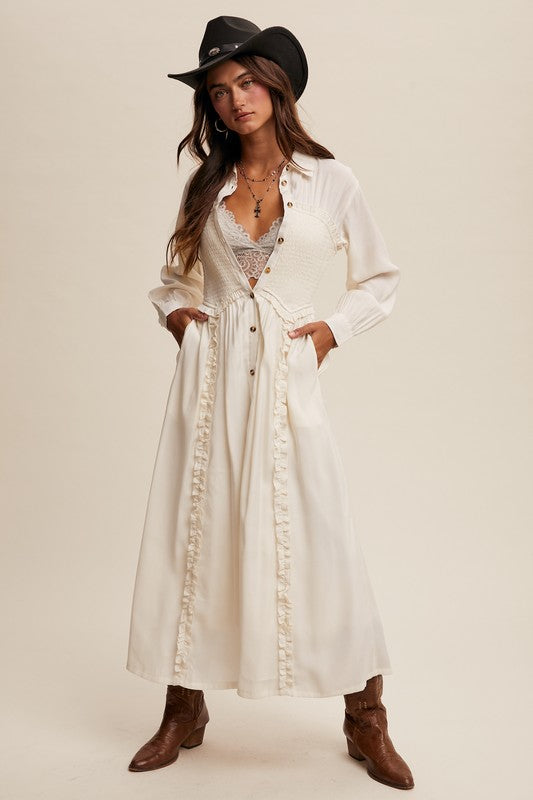 The Smocked Bodice Button Down Ruffle Maxi Shirt Dress-The Aly
