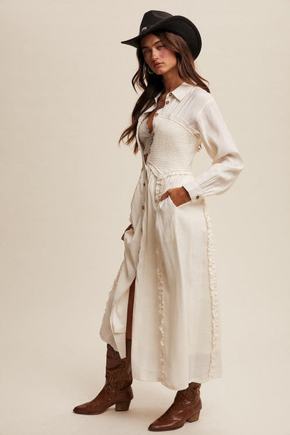 The Smocked Bodice Button Down Ruffle Maxi Shirt Dress-The Aly
