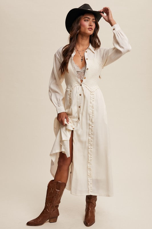 The Smocked Bodice Button Down Ruffle Maxi Shirt Dress-The Aly