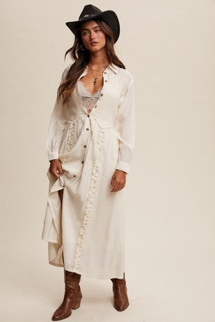 The Smocked Bodice Button Down Ruffle Maxi Shirt Dress-The Aly
